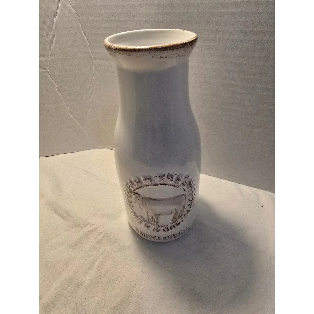 Farm Fresh Milk & Cream Ceramic Cow Milk Bottle Vase White Distressed 8.5